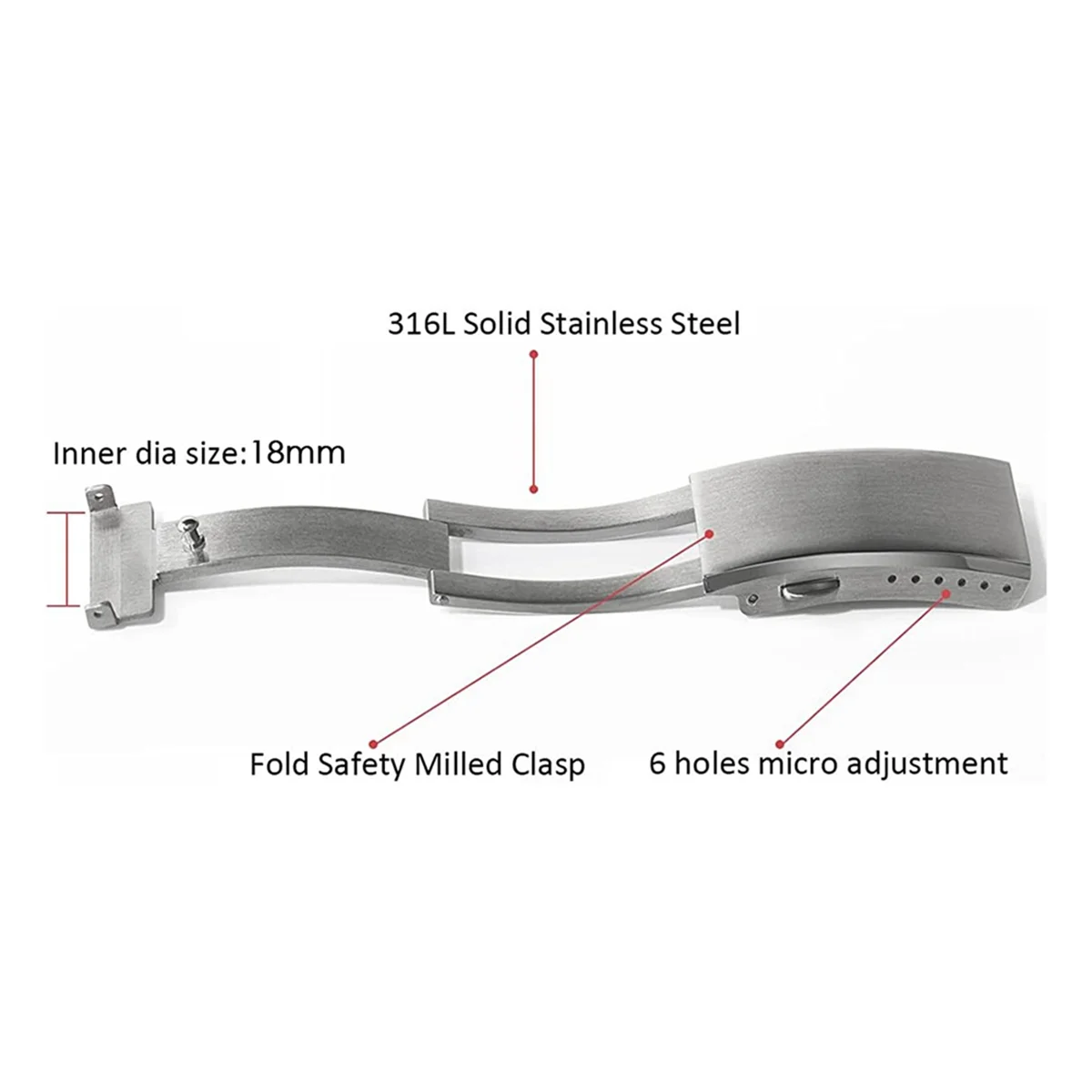 Hebilla de reloj con cierre fresado de seguridad plegable, cierre de correa de reloj de acero inoxidable de repuesto, 18 mm