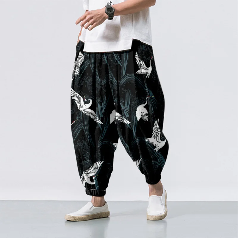 Men\'s Loose Harem Pants Sun Moon Simple Pattern Large Size Crane Cropped Pants Black Printed Casual Pants