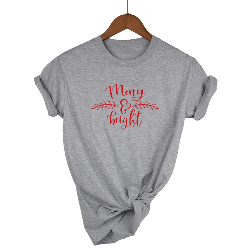

Merry & Bright Women Tshirt Letter Print Christmas T-shirt Cotton Casual Short Sleeve Shirts Girl Funny Festival Tops Drop Ship