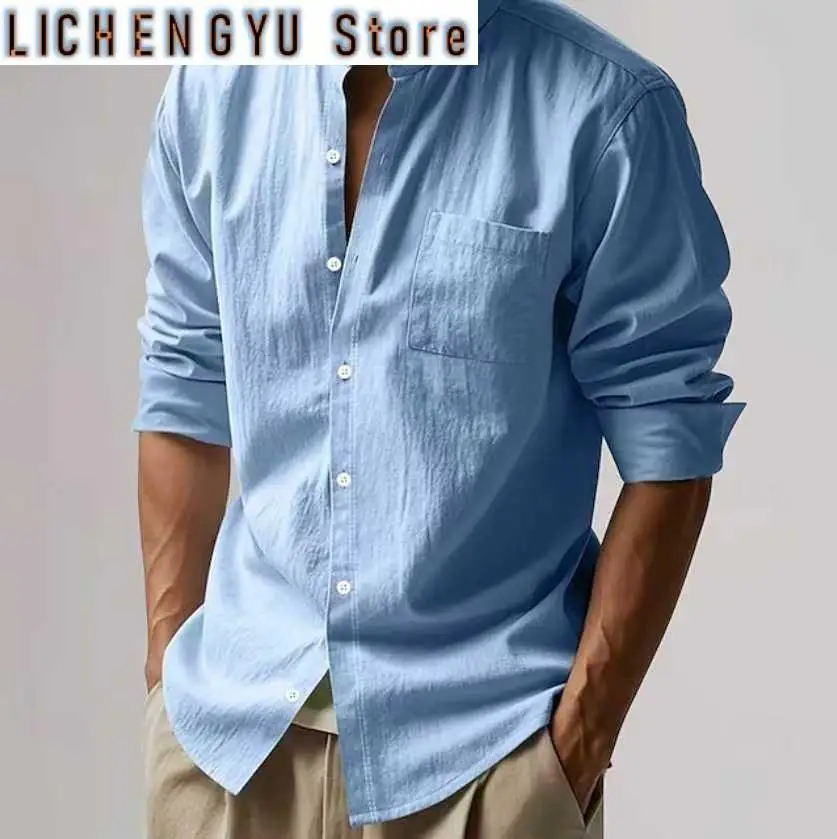 

The new cotton and linen men's shirt has pockets, light long-sleeved Henry beach shirt