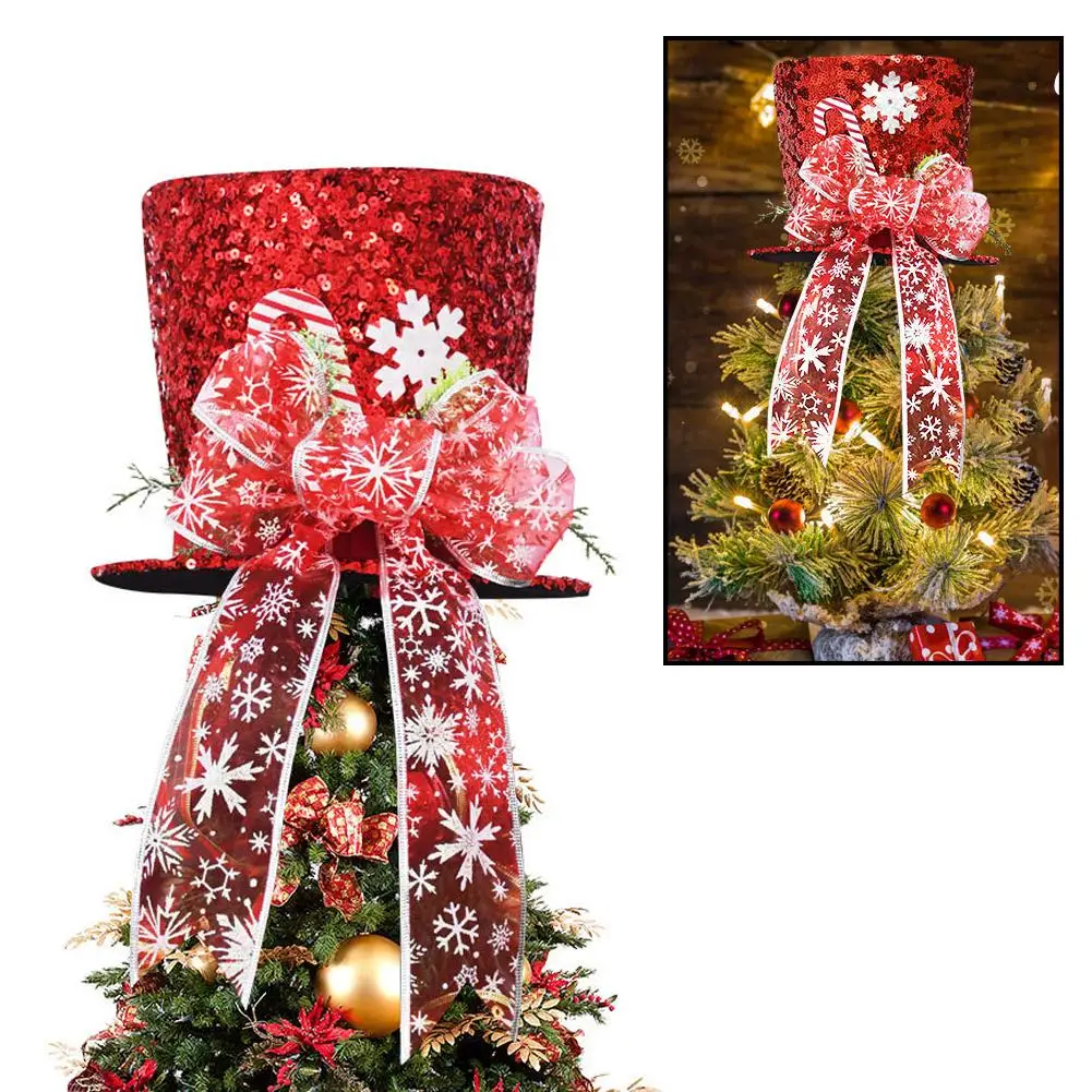 Christmas Tree Topper Magic hat with Bow and Candy Cane Ornaments Treetop for Christmas Tree Decoration for Indoor Home Holiday