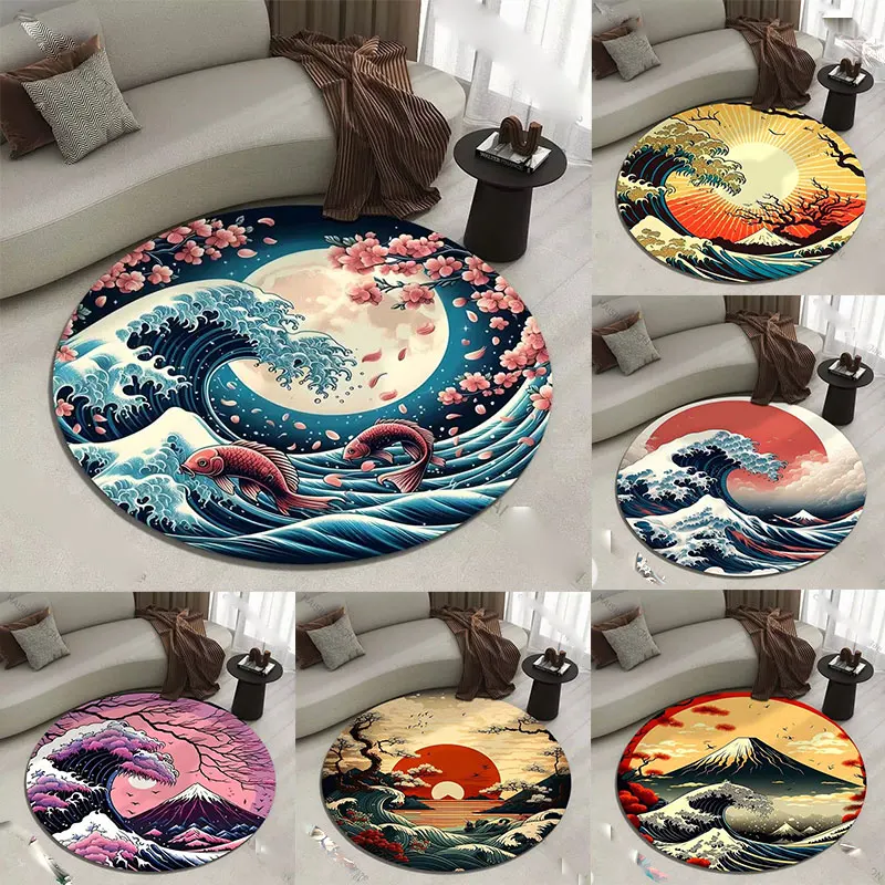 Retro Japanese Kanagawa Waves Print Round Carpet for Living Room Rugs Anti-Slip Foll Mat for Bedroom Sofa Table Home Area Rug