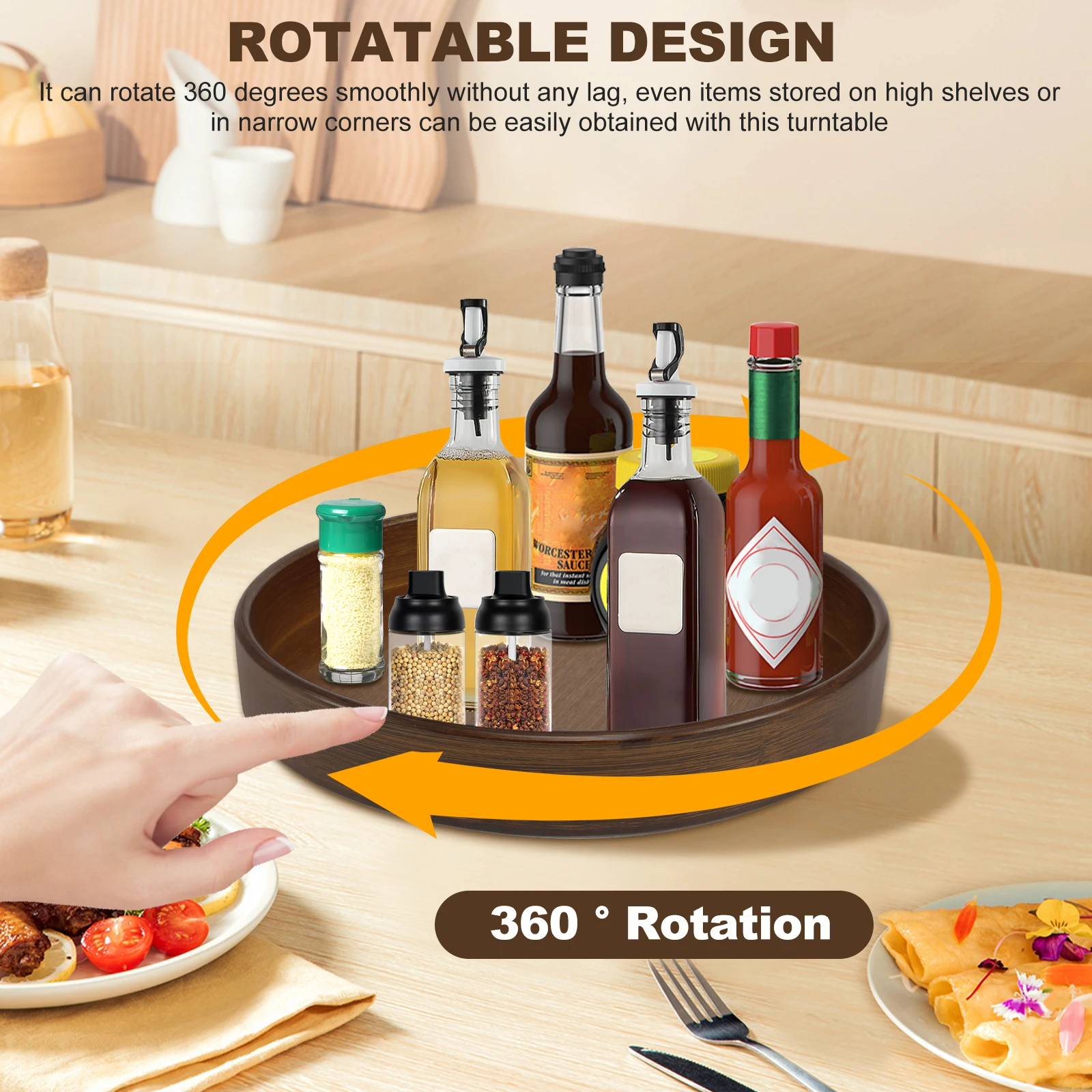 

360° Rotating Storage Tray Wooden Lazy Susan Organize Rack Countertop Spice Shelf for Kitchen Snack Food Oil Seasoning Bottle