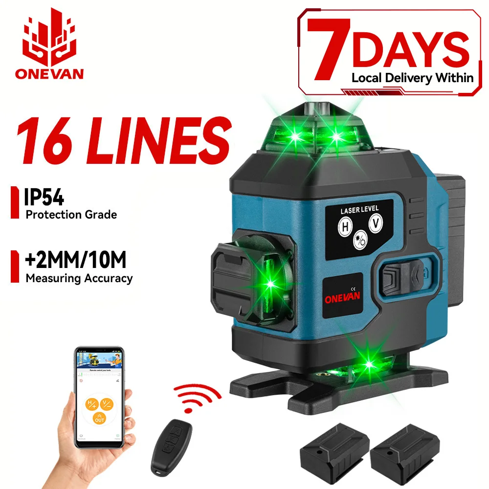ONEVAN 16 lignes 4D mesure niveau laser faisceau de lumière verte niveau laser Instrument de mesure de précision Portable avec 2 batteries