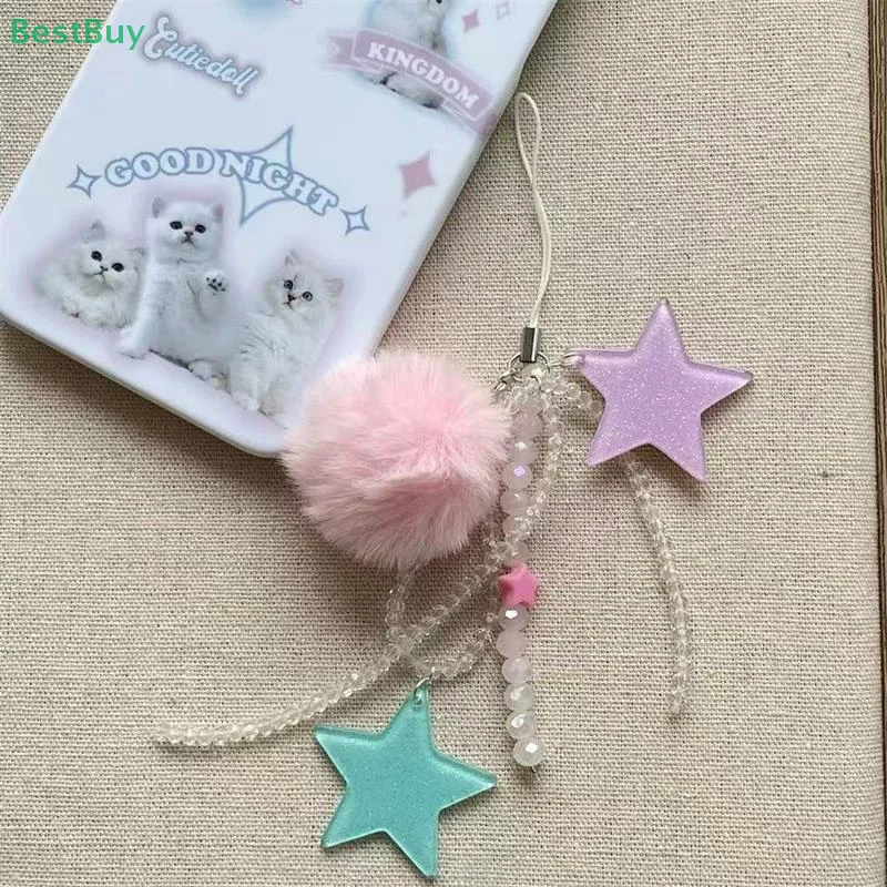 Cute Y2K Korean Shiny Star Hairball Bag Charm Phone Chain Keychain Headphone Bag Kawaii Pendant Accessories Gift