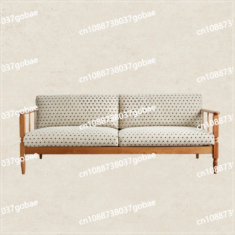 Solid Wood Cloth Craft Sofa Retro down British Lattice Living Room French Small Apartment Faux Leather Removable and Washable