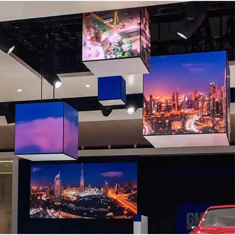 HD Flexible LED Cube Display Screen Front Back Service Corner Design Indoor Outdoor Advertising Panel
