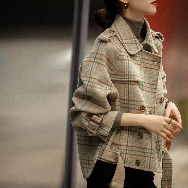 

Wool Short Coats Women Jackets Blends Turn Down Collar Coat Plaid Print Y2k Streetwear Jacket Work Outerwear Autumn Winter