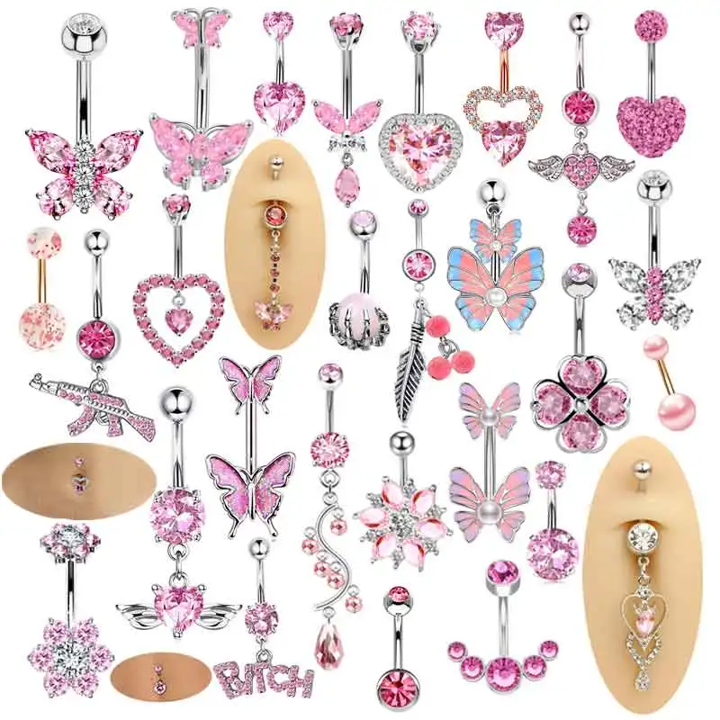 

1Pcs 14G Stainless Steel Butterfly Belly Button Rings Women Fashion Navel Ring Piercing Body Jewelry Pink Pircing Ombligo Bar