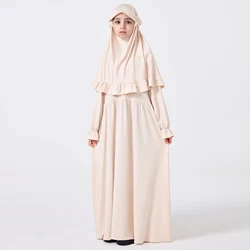 2-piece Dubai Turkish Muslim Suit Girls Abaya Solid Color Dress Lace Hijab Set (Dress + Hijab)