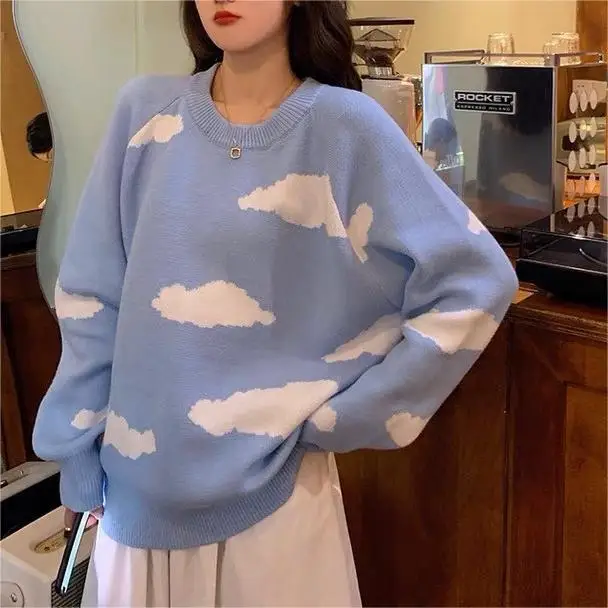 

2024 Autumn New Pull Jumpers Korean Cartoon Cloud Women Sweater Chic Causal Oversized Knitted Pullover Tops