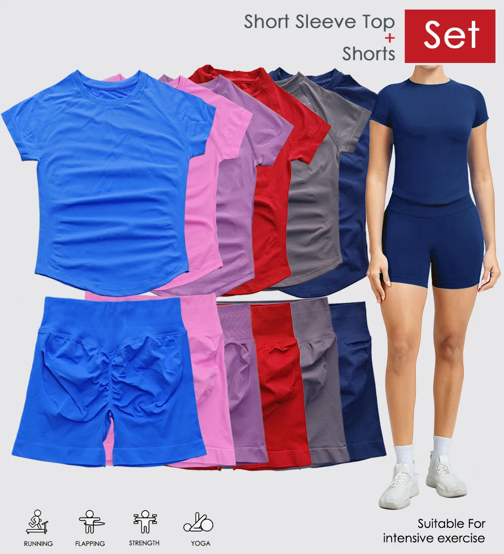 

Комплект из 2 предметов: бесшовный топ для йоги с коротким рукавом и спортивные шорты для фитнеса, бега и тренировок для женщин