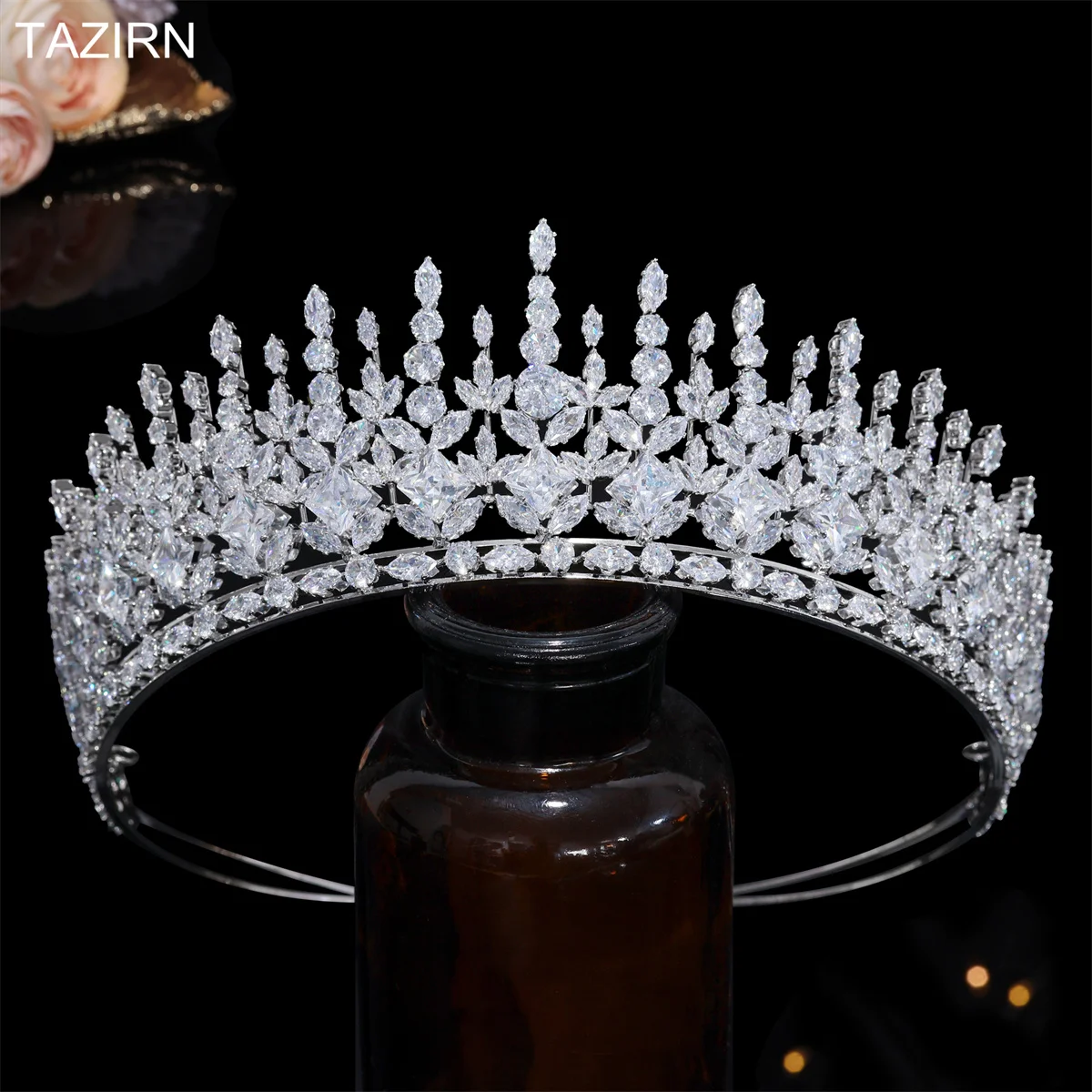 Big Cubic Zirconia Wedding Crowns Platinum Plated CZ Tall Tairas Party Pageant Headpieces Bridal Headwear Hair Accessories