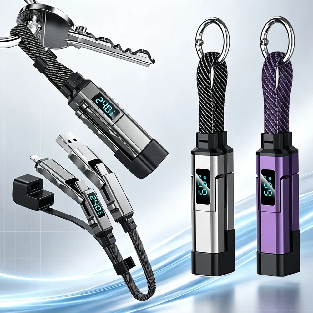 In/* Stock 4 in 1 65W Keychain Charging Cable USB C Cable with V/A/W Display Type C for Portable Cord for Laptop Mobile Phone