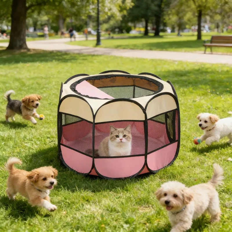 Octagonal pet gazebo tent with mesh fence for a bug-free outdoor camping night