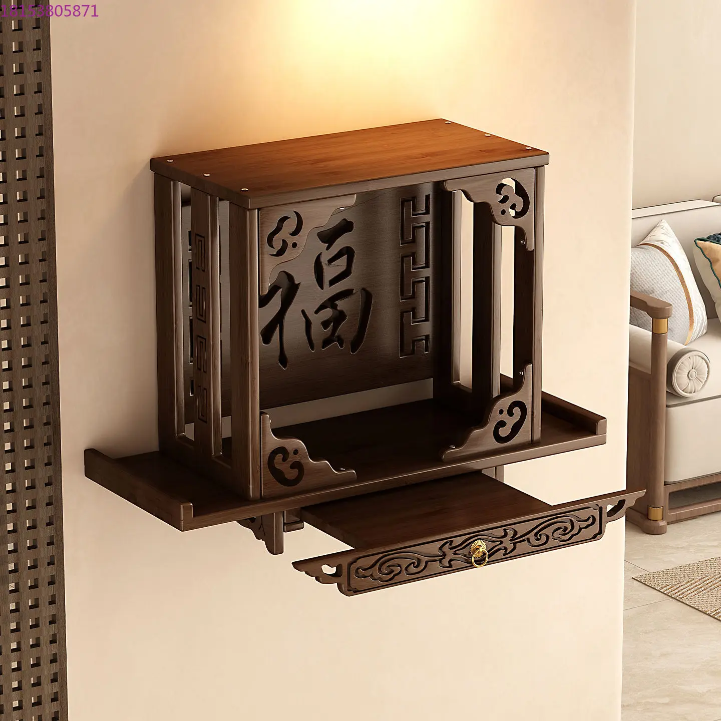 

Small wall-mounted Buddha statue seat table New Chinese-style household small Buddha cabinet Incense burner storage shelf