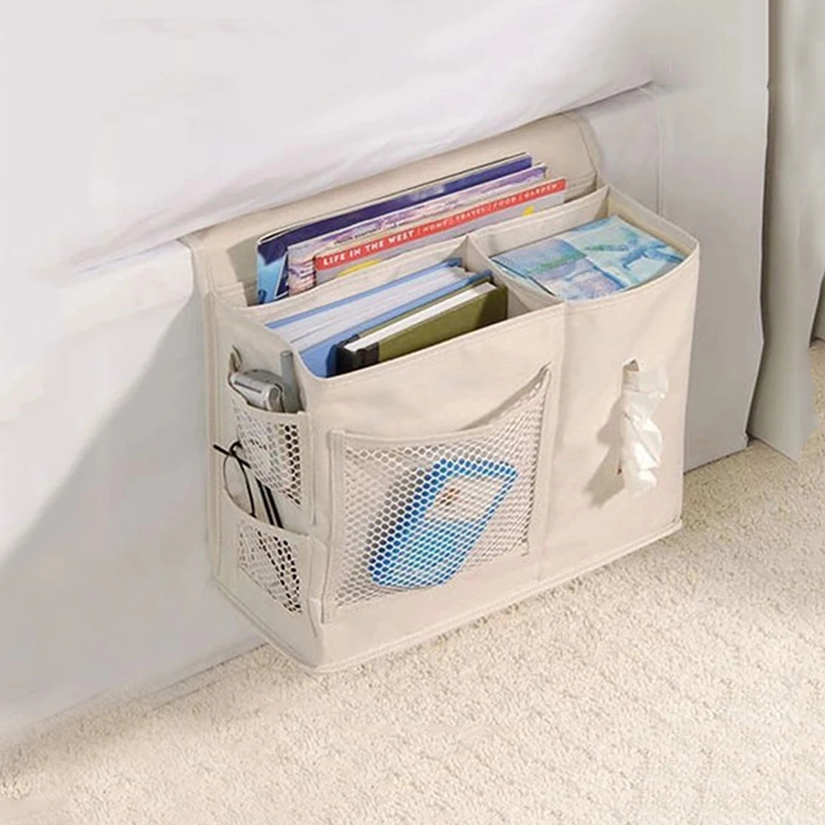 

Bedside Organizer Remote Controller Holder Bed Side Hanging Storage Pocket Bag for Dorm Bedroom (Beige)