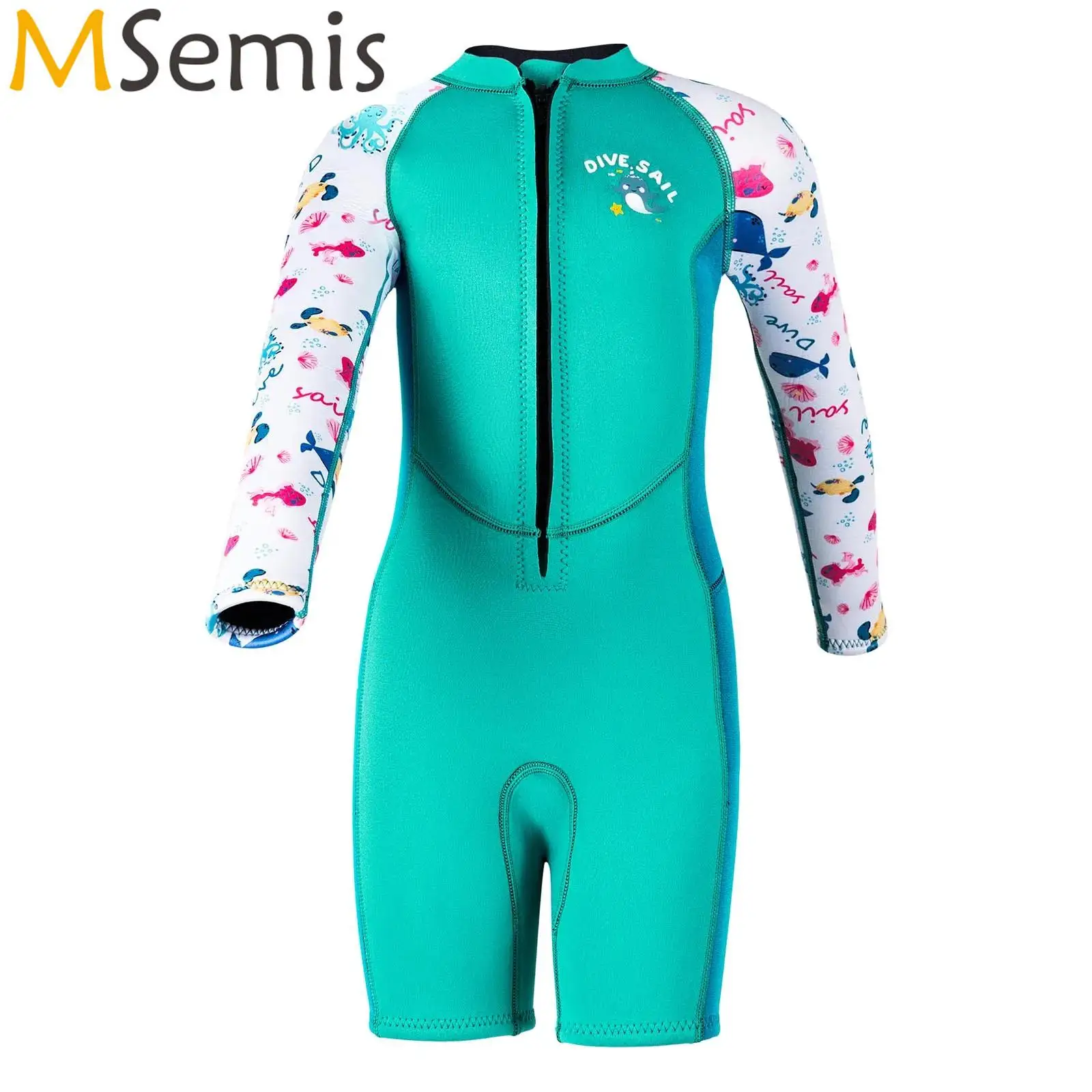 

Kids Girls Wetsuit Swimsuit 2.5mm Neoprene Wet Suit Swimwear Fish Printed Thigh Length Jumpsuit Thermal Front Zipper Bodysuit