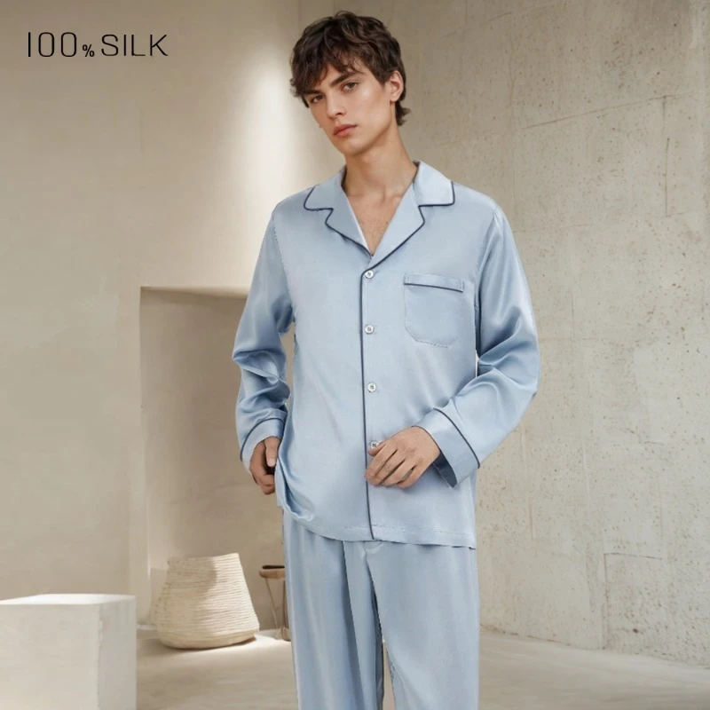 

2026 New Men's 100% Mulberry Silk Pajamas Set Heavyweight Long Sleeves Trousers Spring Summer Lounging Long Sleeves Pants XXXL