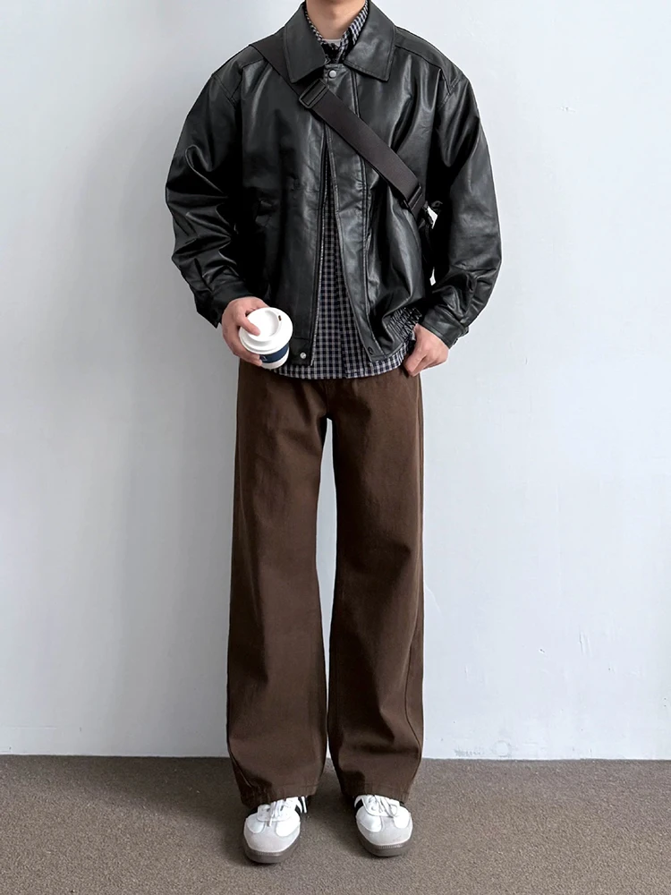 2026 Spring Autumn Loose Fit Jacket Mens Stylish Solid Color Turn-down Collar Long Sleeve Cardigan Vintage PU Leather Coats