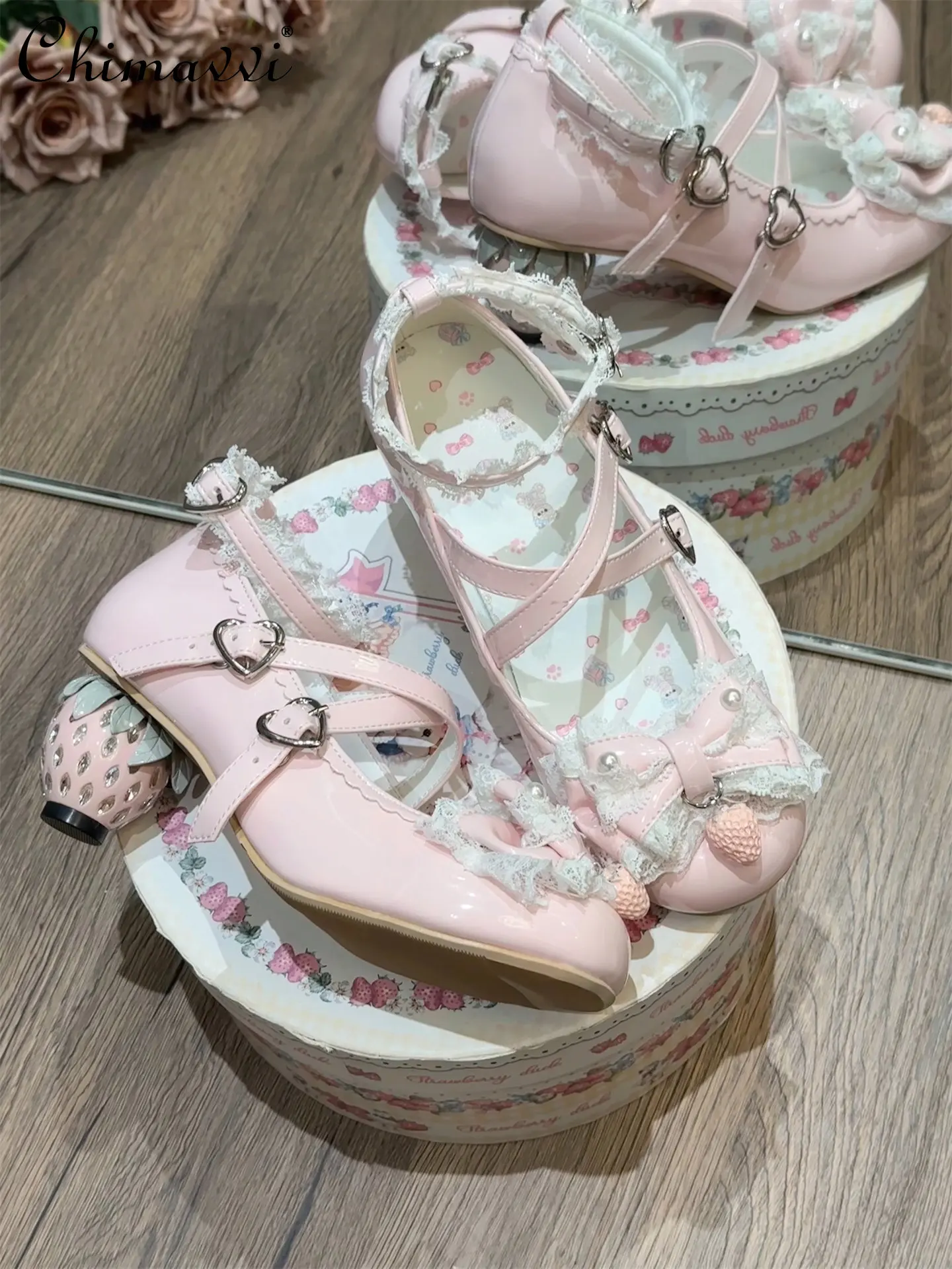 

Original Lolita Cute Round Toe Strawberry Mary Jane Shoes 2026 Spring Summer New Sweet Lace Bow Princess High Heels Women Pumps