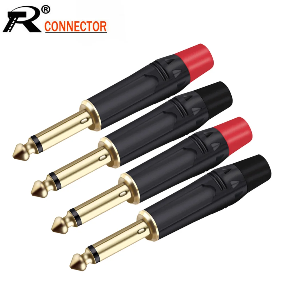 2 peças 6.35mm plugue mudo 2 pólos mono 6.35mm conector de fio banhado a ouro 1/4 Polegada plugue macho conector de microfone
