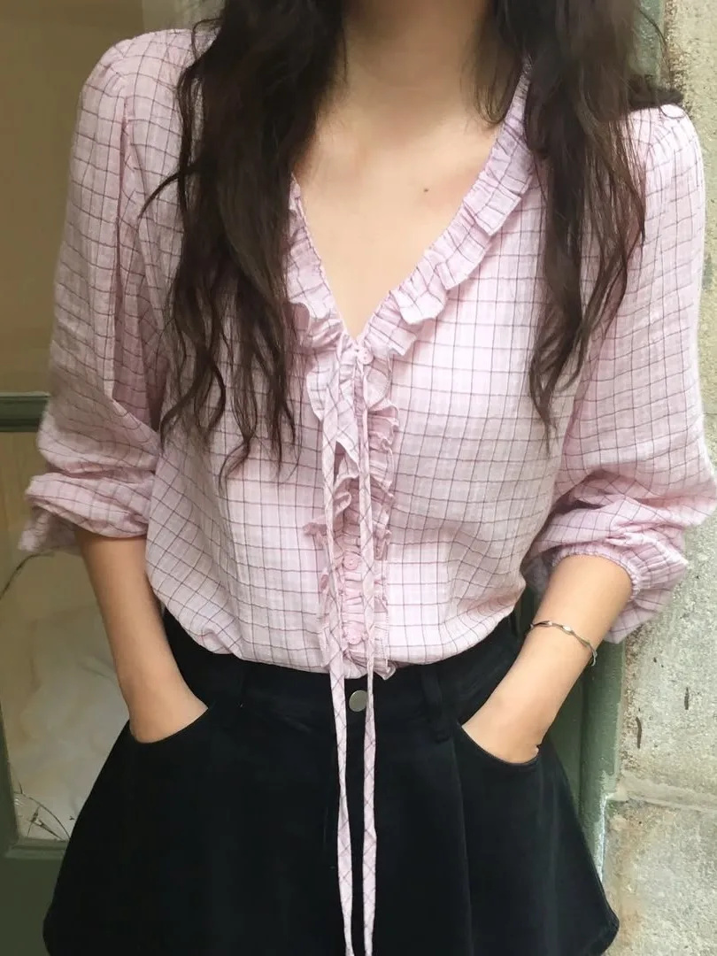

Chic Summer Long Sleeve Sun Protection Shirt Women's Style Vintage Sweet Wood Grain Bubble Sleeve V-neck Checkered Shirt