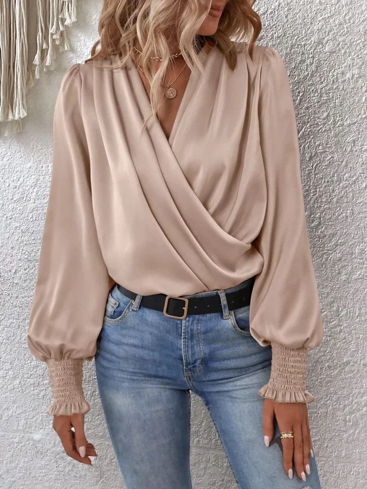 New Women's Simple Cross Pleated V Neck Shirt Spring And Summer Solid Color Retro Lanternlong Sleeved Female White Office Shirt