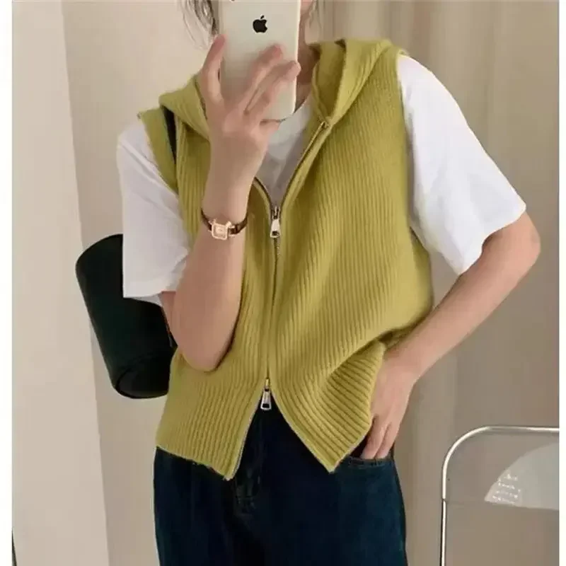 Chaleco de punto con capucha para mujer, suéter corto sin mangas con cremallera, moda coreana, Otoño, 2024
