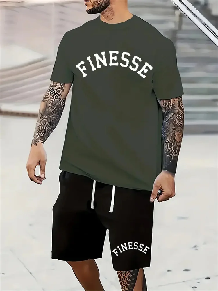 

Новинка лета 2024, модная мужская спортивная одежда, футболка с коротким рукавом и круглым вырезом с надписью, шорты, мужская одежда из двух предметов