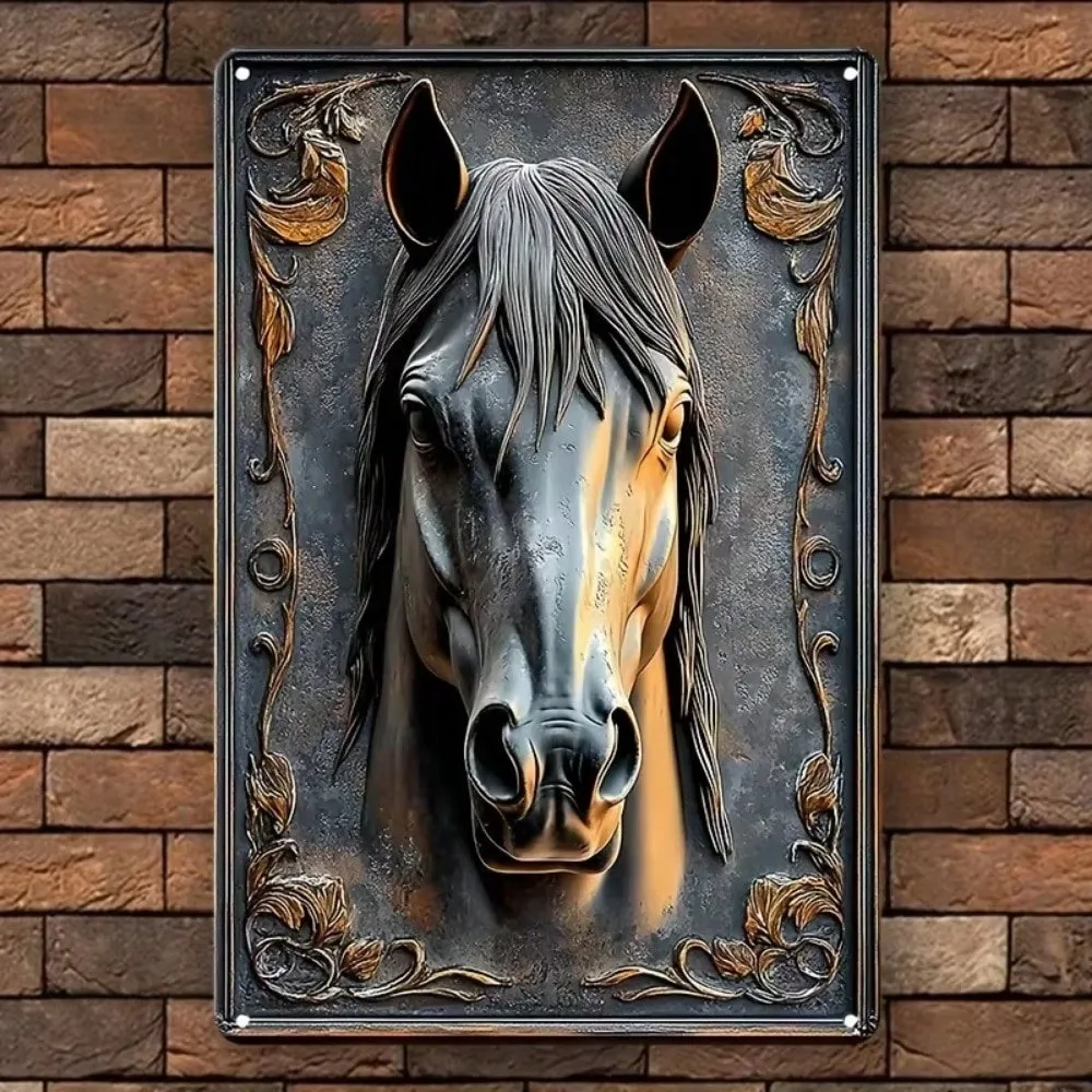 （2D Tin painting）1pc Home & Office Wall Decor: 3D Metal Horse Head Art! Contemporary Equestrian Plaque For Bar & Wall Hanging