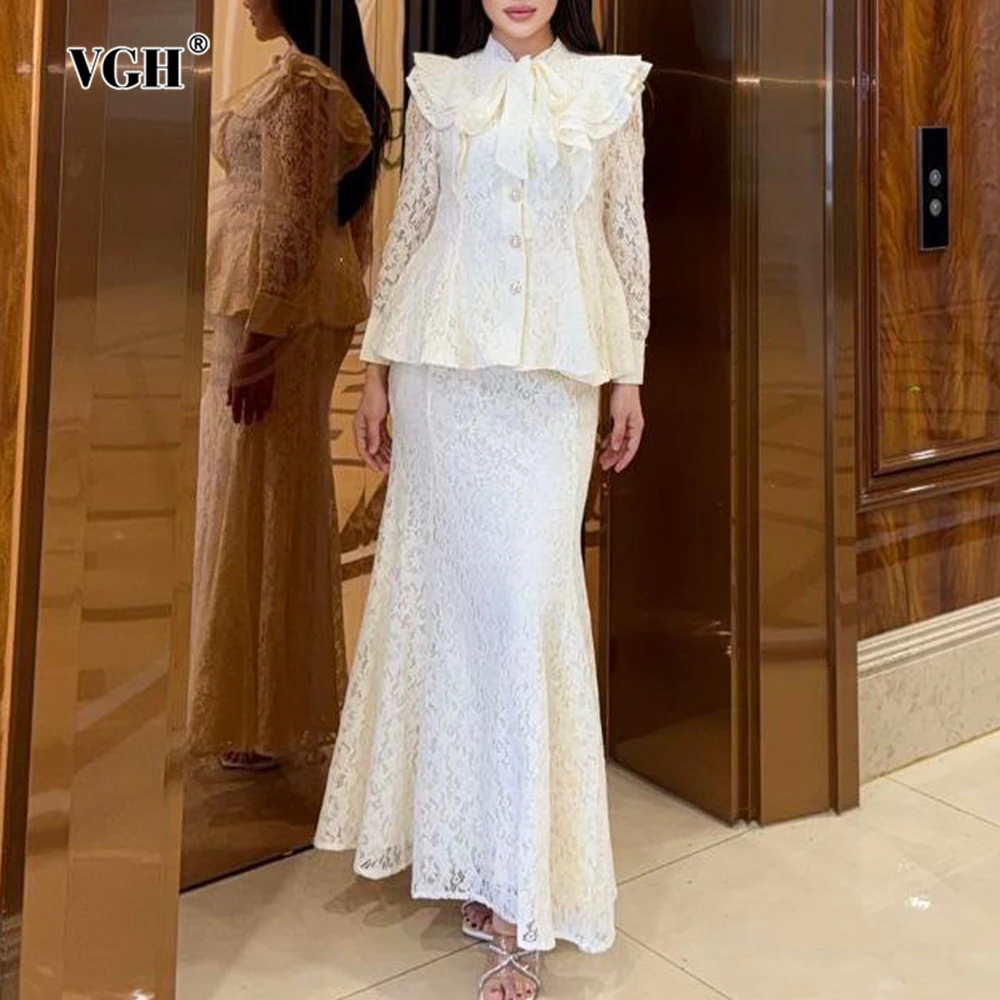 

VGH Solid Lace Elegant Two Piece Sets For Women Round Neck Long Sleeve Top High Waist Draped Skirt Chic Dinner Set Female New