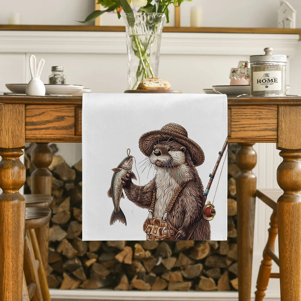 Otter Fishing Gear Fish Table Runner Polyester Table Runners for Dining Room Cottagecore Polyester Table