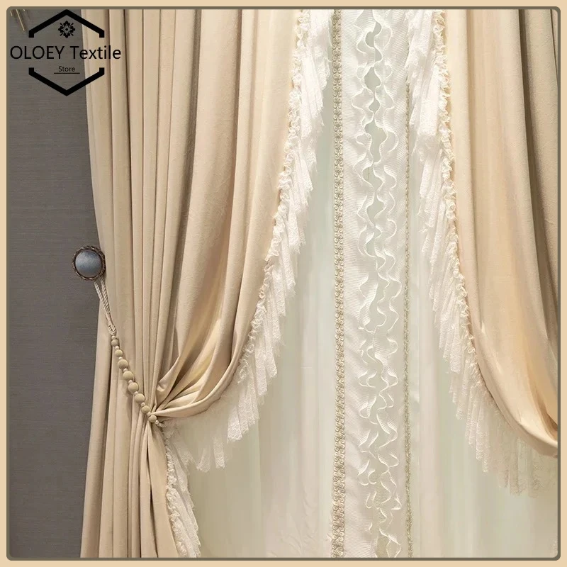 

Ecofriendly French Milk Tea Velvet Lace Stitch Curtains for Living Room Bedroom Villa Dining Room Energy Saving Privacy Drapes