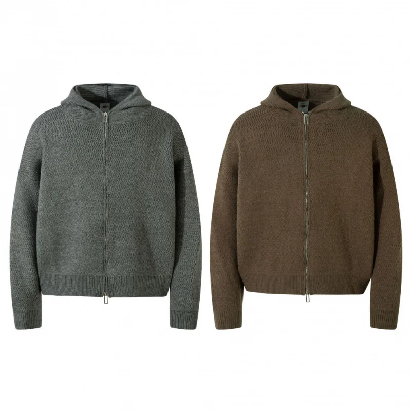 Men's Gray Textured Knit Zip-Up Hooded Cardigan, 2025 Autumn Trend Casual Layering Knitted Outerwear