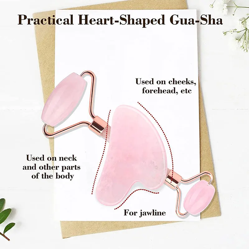 Massaggiatori a rulli in giada per il viso al quarzo rosa Set Guasha Strumenti Gua Sha Raschietto a guazzo in pietra naturale per strumento di bellezza per massaggio facciale