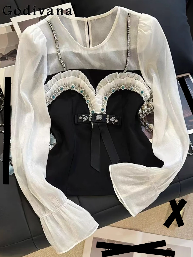 

French Fake Two-piece Crew Neck Long Flared Sleeve Blouse Top Girl Autumn Heavy Industry Beaded Ruffles Versatile Lace Shirt