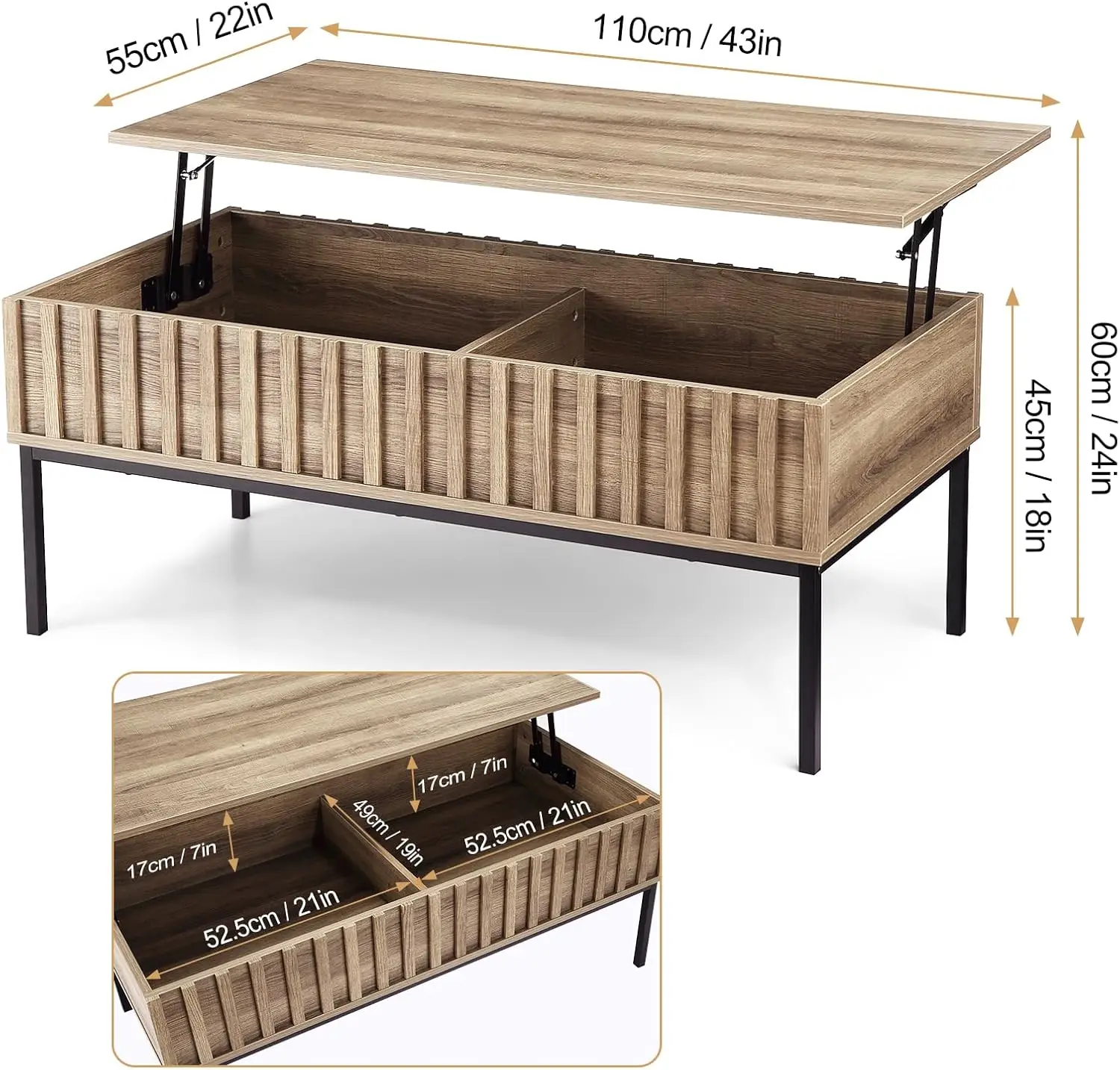 43" Farmhouse Lift-Up Top Coffee Table - Brown Wood Table with WavyGrain&HiddenStorage Compartment,Living Room/Office Furniture