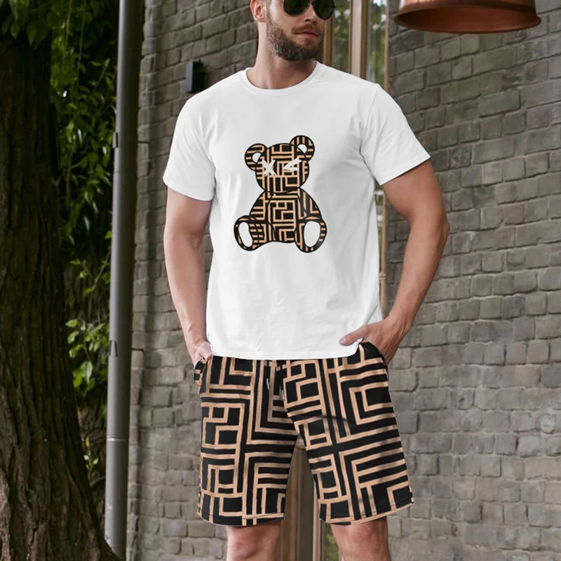 2024 New Men\'s Summer Fashion Cartoon Bear Print Knit Shirt And Woven Shorts Suit Casual Daily Light Luxury Design Clothing