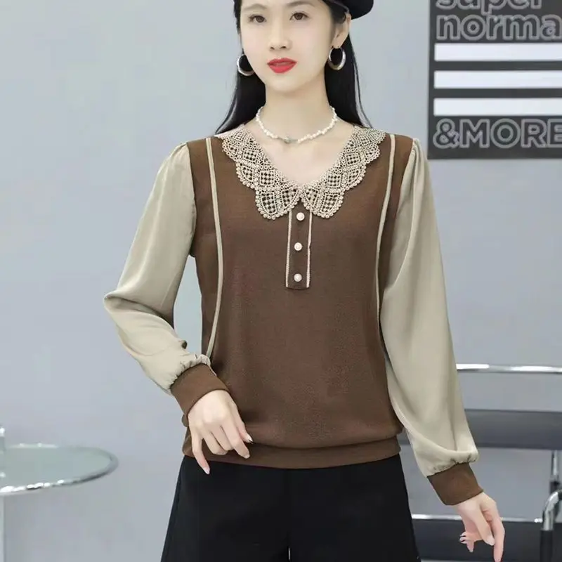 Blusa de encaje empalmado con botones y cuello Peter Pan para mujer, ropa holgada, Tops que combinan con todo, Otoño, 2024