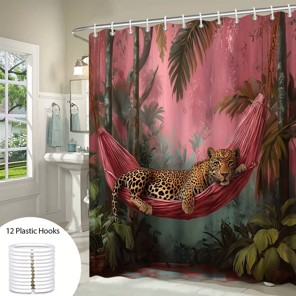 Exotic Jungle Leopard Bath Curtain - Leopard in Hammock &Tropical Plants;Waterproof Home Decor Adds Wild Charm to Your Bathroom.