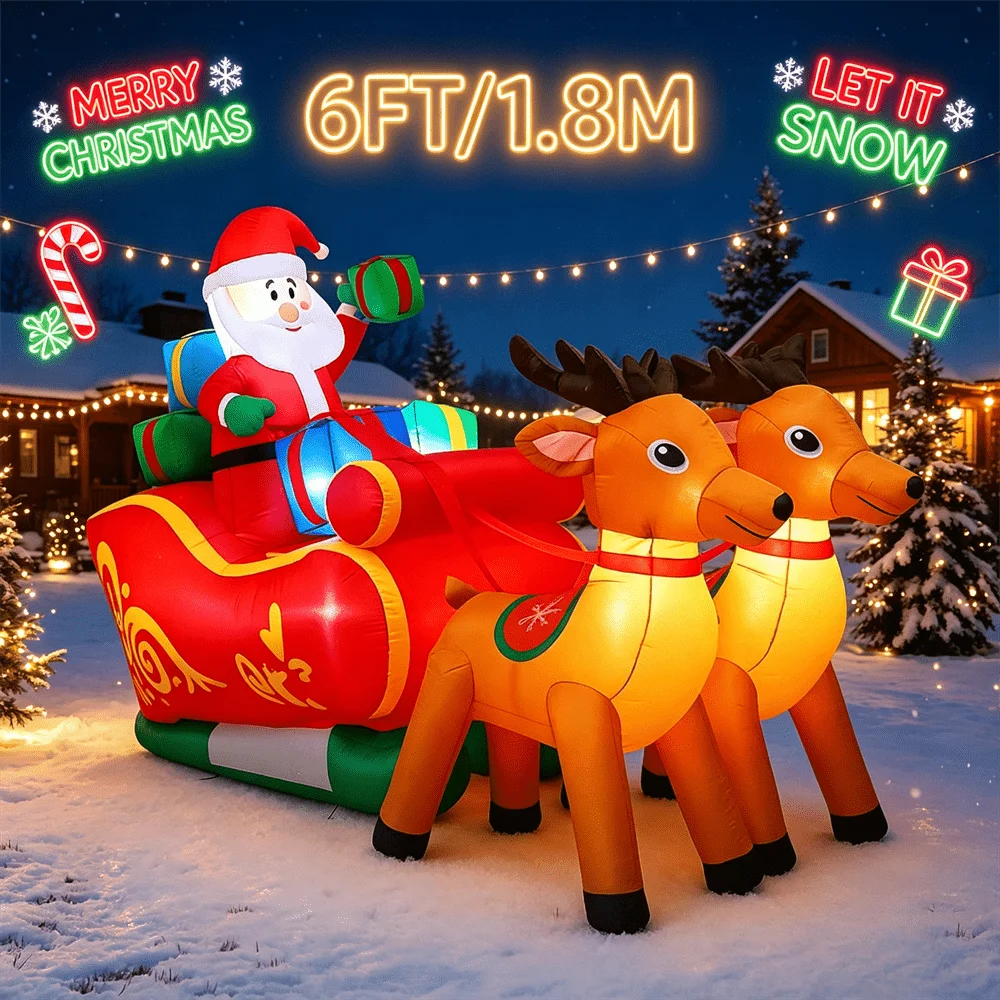 Christmas Inflatable Model Santa on Sleigh 6FT Long LED Lighted Blow Up Outdoor Yard Holiday Decorations Home Festive Decor