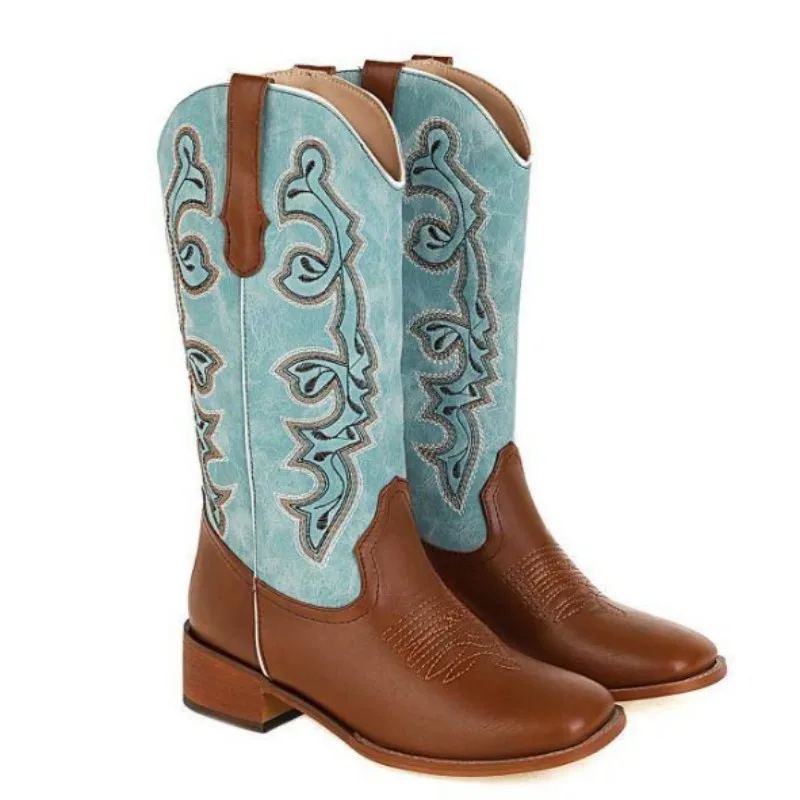 

DIZHUANG Сексуальные женские ботинки на среднем каблуке. Сапоги с вышивкой и цветными блоками. Женские сапоги до середины икры. Высота каблука 3-5 см. 35-48