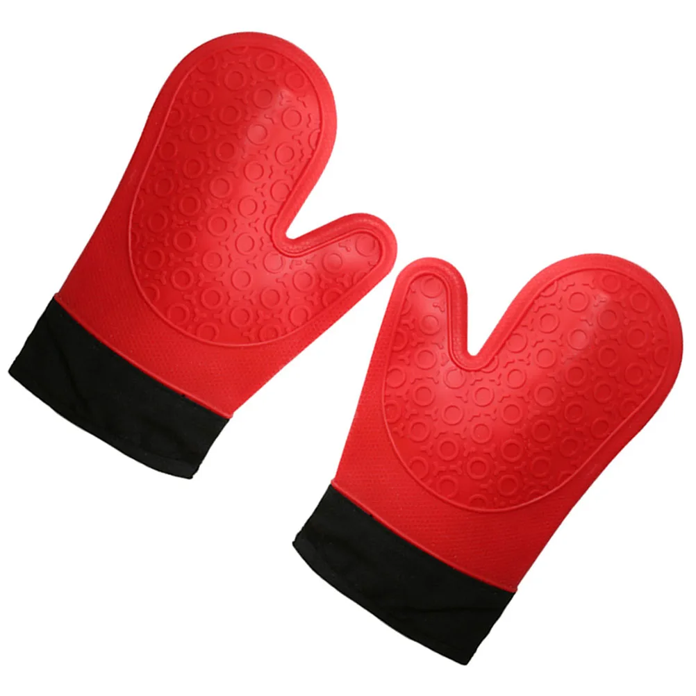 

2 pcs Insulation Gloves Kitchen Mitts Red Heat Resistant Pot Holder Microwave Oven Baking NonSlip Waterproof Thick Double Layer