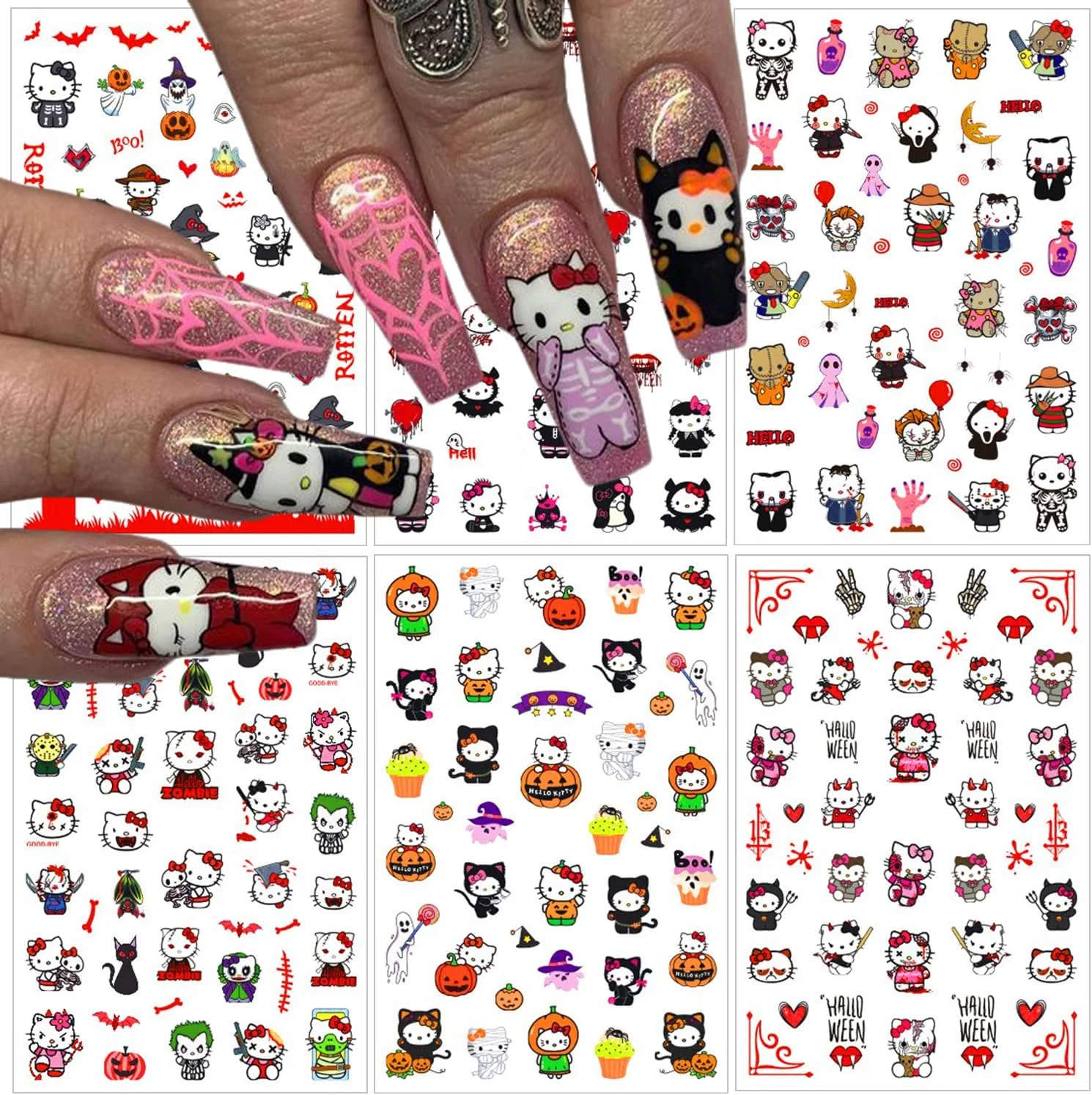 

6PCS Sanrio Cartoon Halloween Nail Stickers Kawaii Pumpkin Kuromi Nail Decoration Stickers For Nails Press On Nails Stickers