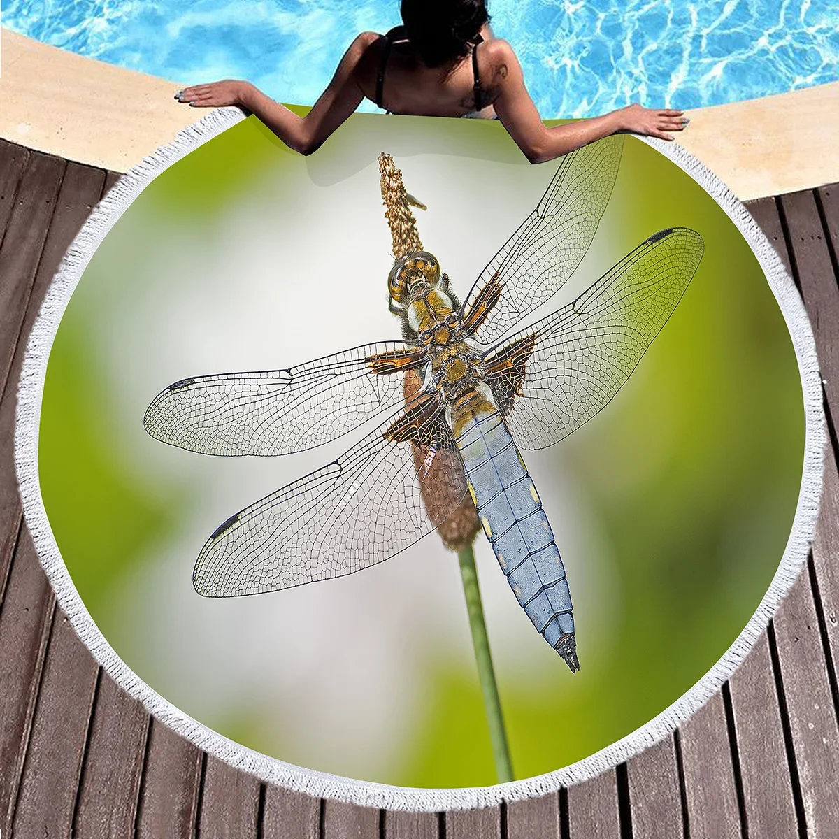 منشفة شاطئ مستديرة مطبوعة على شكل حشرة، بطانية شاطئ مقاومة للرمال من البوليستر اليعسوب، منشفة حمام مستديرة ماصة سريعة الجفاف، سجادة نزهة #3