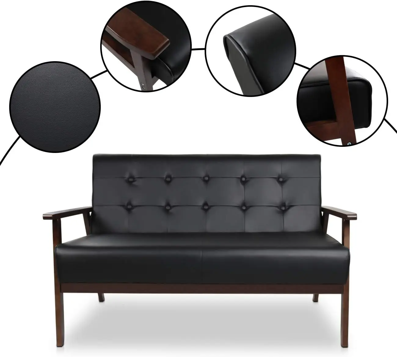 Nowoczesna drewniana skórzana sofa 2-osobowa, elegancka minimalistyczna sofa dwuosobowa, solidna i trwała rozkładana sofa kanapa (czarna)