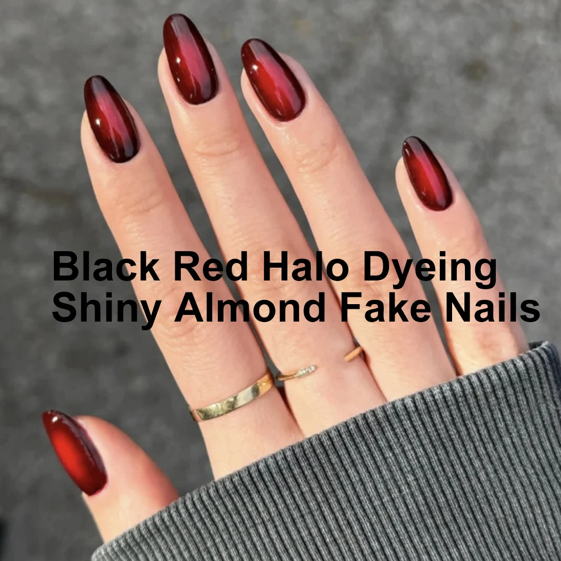 Black Red Halo Dyeing Shiny Almond Fake Nails Art Halloween Y2K Long Pointed False Nails Charm Cat Eye Square Press on Nails Tip