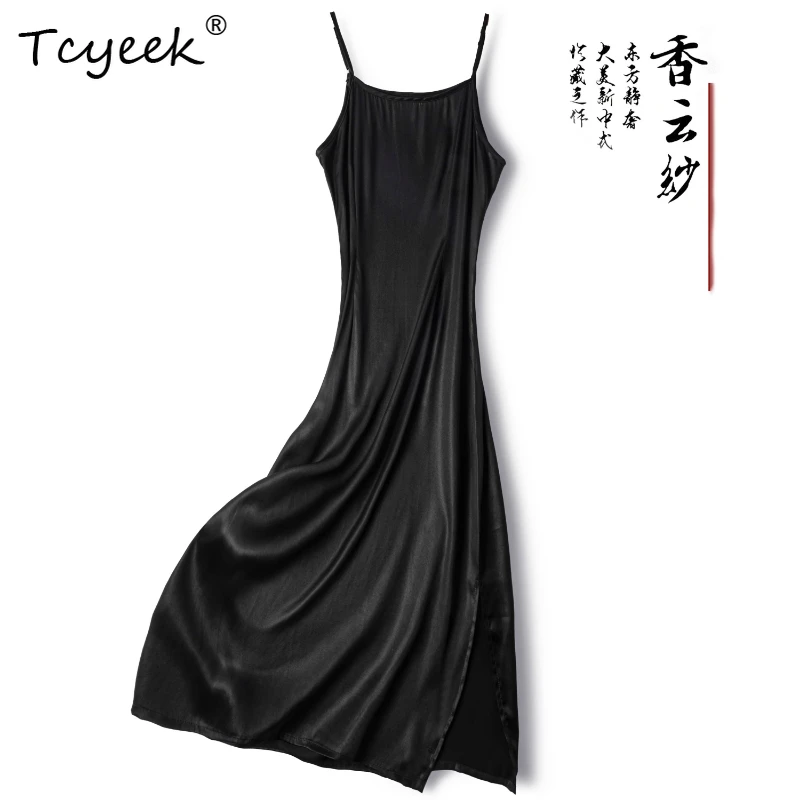 

Tcyeek 100% Mulberry Silk Summer Thin Chinese Style Sleeveless Camisole A-line Black Mid Length Woman Dresses Vestidos Mujer