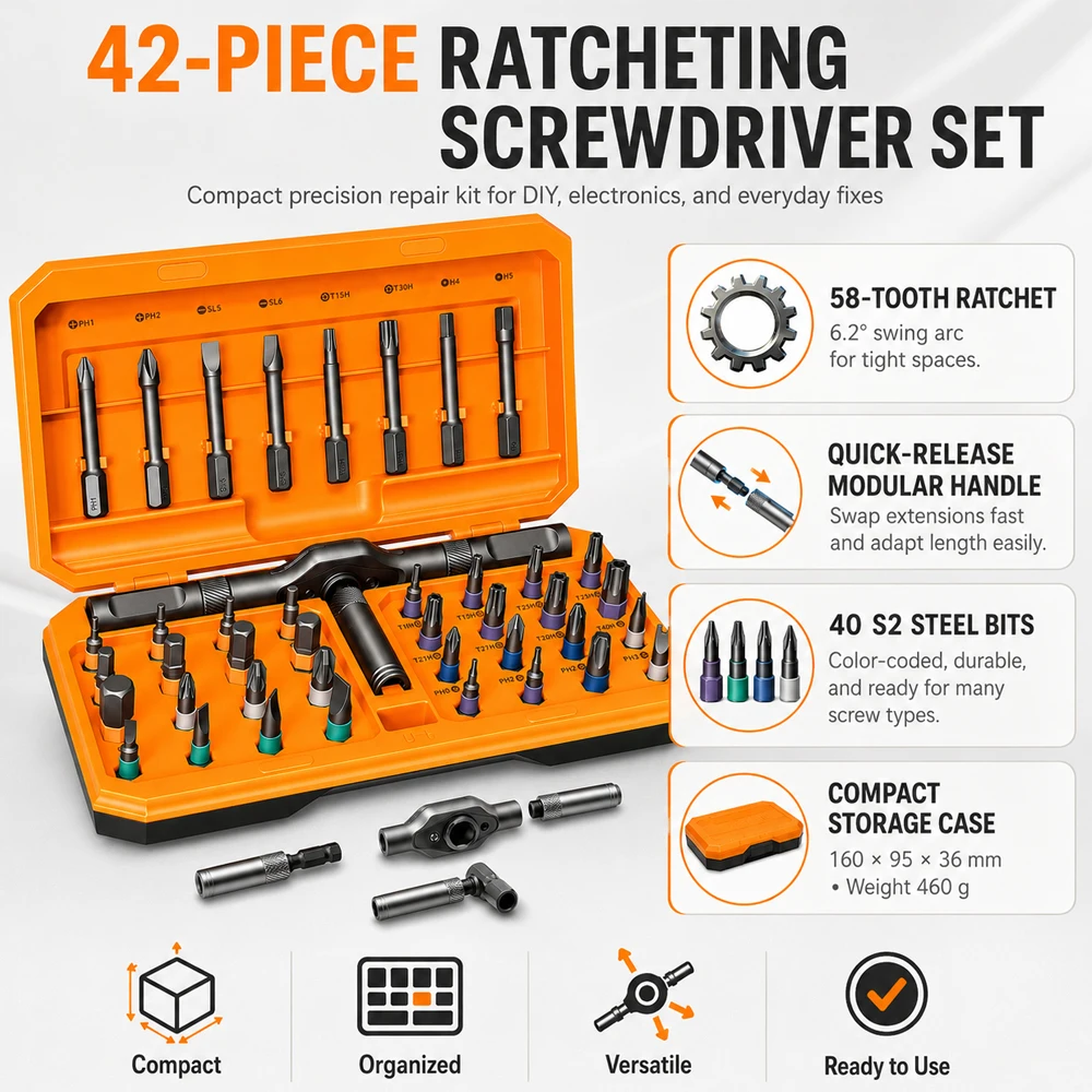42-in-1 Magnetic Ratchet Screwdriver Set Reversible High Torque Drive Handle Compact Portable Multi-bit Kit Repair Hand Tools